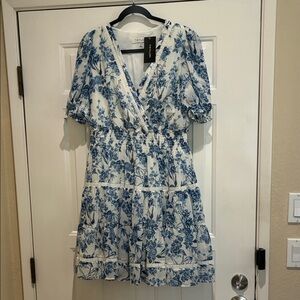 Taylor White and Blue Floral smock tier Dress